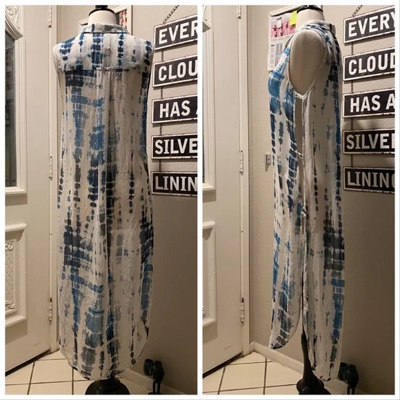 Go Silk Blue and White Tie Dye Duster or Swimsuit Cover Up - Picture 13 of 16